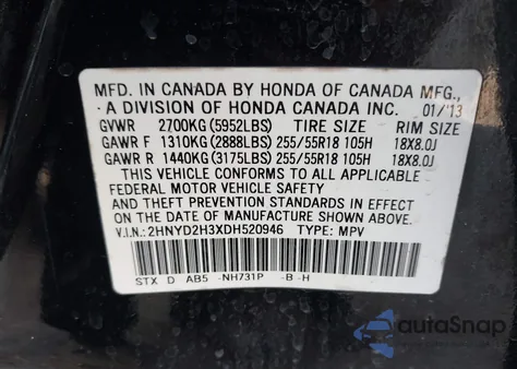 2013 Acura Mdx Technology Package z USA, uszkodzony, nr VIN 2HNYD2H3XDH520946